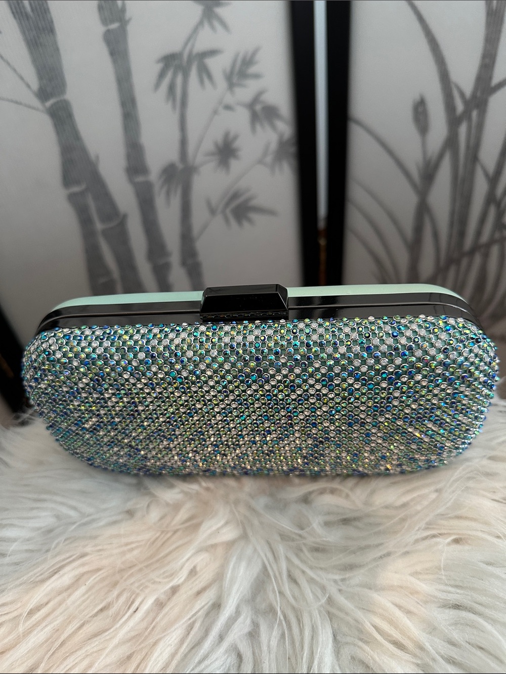 La Regale Iridescent Crystal Evening Clutch in Mint and Multi